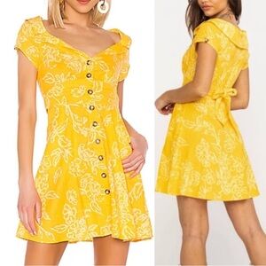 Free People mustard yellow floral print linen short sleeve button up‎ mini dress